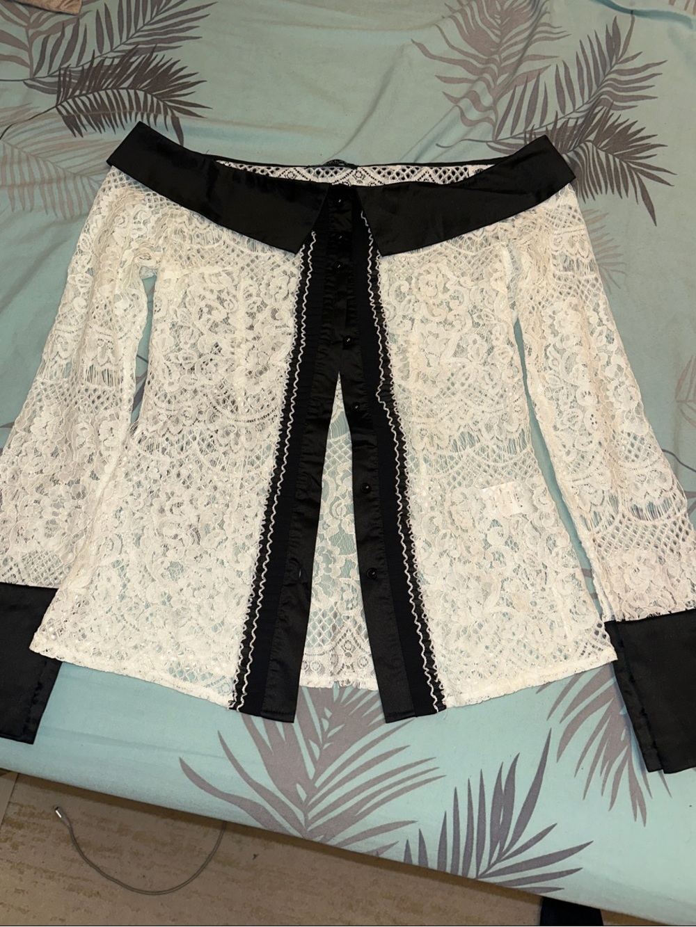 Beulah Black-Trimmed White Lace Blouse